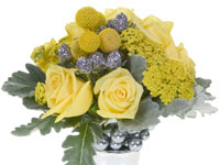 A lovely bouquet mixes roses, craspedia, solidaster, yarrow, dusty miller, and a touch of bling, all in a stylish color palette of yellow paired with silver gray.