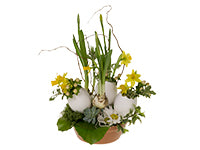 The botanical style features at least three parts of the plant material, and this design includes spring bulbs, galax leaves, hypericum, mini daffodils, succulents, moss, branches, and goose eggs.