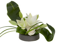 This unique modern floral design mixes sculpted aspidistra leaves with white lilies and lily grass for a beautiful effect.