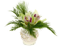 This lovely hostess gift mixes cymbidium orchids, kale in sprays, cedar, and pine, then adds ornaments and a touch of textured decor to the vase for a holiday finish.