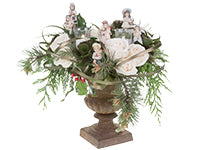Holiday traditions may involve a display of special ornaments, figurines and family heirlooms like those in this arrangement composed of white roses, evergreens, lily grass, miniature pine cones, and red berries.