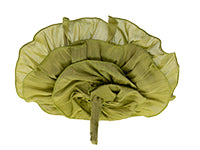 An elegant ruffled ribbon finish on a European bridal bouquet holder is created with avocado and gold colored ribbon.
