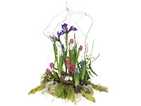 A dramatic botanical style floral design displays spring flowers like hyacinths, paperwhites, iris, tulips, veronica, and curly willow on a base of lichen covered branches.