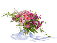 A dramatic Bespoke garden style bouquet in pink and red hues is filled with protea, roses, cymbidium orchids, callas, curly, willow, eucalyptus, grasses, and aspidistra, then finished with a pale lavender ribbon.