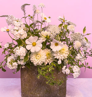 A stunning moonlight garden design using, mint, dogwood, cosmos, scabiosa, lysimachia, phlox, Queen Anne's Lace, and dahlia's.