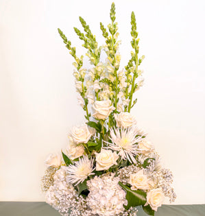 An elegant sympathy design in white and green created with snapdragons, Eskimo roses, hydrangea, spider chrysanthemums, baby's breath and aspidistra leaves.