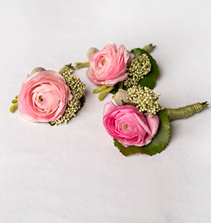 Three elegant boutonnieres are made from delicately blooming pink ranunculus, galax leaves, berzillea, kangaroo paws, and rice flour.