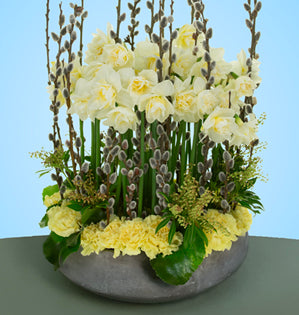 Floral arrangement with white and yellow flowers in a concrete vase on a light blue background