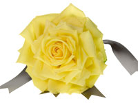 A beautiful yellow Duchess rose is created by gluing additional rose petals onto a rose flower to create a composite flower. It is finished with a brown satin ribbon.