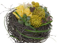 This unique floral design starts with a handmade nest made from birch branches, then it mixes roses, pin cushion protea, cymbidium orchids, craspedia, poppy pods, sphagnum moss, lily grass, and protea pods.