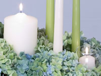 A beautiful floral design is created using a variety of candles including a white pillar, a white votive, and a few green and white tapers, all set in a base of blue green hydrangeas.