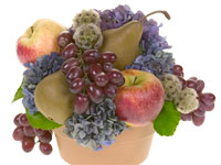 This beautiful floral design mixes flowers like hydrangeas with fruit like apples, pears, and grapes.