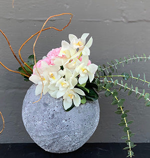 A modern floral design features white miniature cymbidium orchids, pink carnations, eucalyptus, and curly willow in a contemporary cement container.