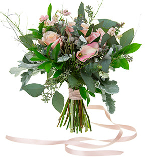 A lovely pink satin ribbon adds a special finish to a beautiful bouquet with blush roses, pink callas, silver brunia, hypericum berries, dusty miller, seeded eucalyptus, and Israeli ruscus.