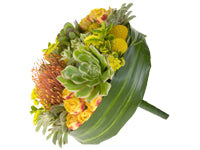 This gorgeous bridal bouquet created in an Oasis European Bridal Bouquet Holder mixes green succulents with yellow flowers for a beautiful effect. The frame and handle are wrapped in aspidistra leaves to cover the mechanics.