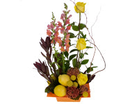 A bright orange shallow tray holds a tall arrangement of orange snapdragons, yellow roses, orange protea, galax leaves, billy balls, ruscus, leucadendron, and willow branch with lemons at the base.