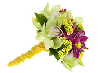 A bright and colorful hand-tied bouquet of Cymbidium orchids, yellow kalanchoe, and ruscus is vibrantly accented by the addition succulents painted in tangerine and in fuchsia and tied with bright yellow wool string.