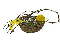 A willow basket is adorned with bare grapevine and holds nine mini calla lilies of vibrant yellow, draped over the side of the basket, and a sphere of matching yellow mini chrysanthemums.