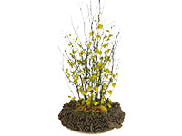 Branches of red twig dogwood stand upright, accompanied by yellow dancing lady orchids, in a bed of sphagnum moss and low autumn colored chrysanthemums, all surrounded by a wreath of pinecones.
