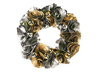 Galax leaves are fashioned into rosettes and painted in gold and silver metallics, then formed together into a festive wreath and accented with matching metallic ball ornaments nestled between the rosettes.