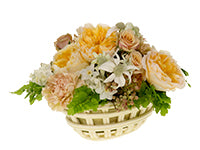 A ceramic basket holds a delightful butter palette arrangement of Beatrice garden roses, teak carnations, paperwhite, brasilia, spray roses, and flannel flowers.