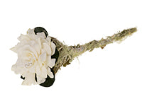 A wedding scepter holding a large composite gardenia bloom is embellished with two diamante pins in the center, bringing sparkle to the bloom. The base armature is covered in moss and lichen.