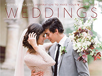 A snippet of a Flutter Magazine cover titled "Weddings" features a bride and groom embracing nose to nose. The bride holds her bouquet in the hand wrapped around the groom's back.
