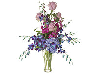 A dramatic and whimsical arrangement of tall, pale pink roses, hot pink stock, violet hydrangea, and vibrant blue-purple Dendrobium orchids.