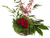 A lush, asymmetrical collection of foliages including Italian ruscus, lily grass, leather fern, fatsia leaves, and galax leaves with two big, bold red roses as a central focal point and tall, magenta aranda orchids bringing height.