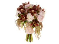 A delicate hand-tied bridal bouquet of Blushing Bride protea, soft pink ranunculus, marsala-hued hypericum, burgundy cymbidiums, and amaranthus enhanced with an elegant ribbon wrap.