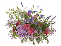 A beautiful Bespoke garden style design mixes phlox, delphinium, garden roses, bachelor buttons, veronica, and dusty miller for a lovely effect.