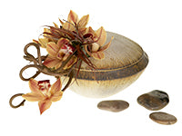 A contemporary minimal design of Cymbidium orchids, kiwi vine, leucadendron, and tillandsia in a simple, neutral-colored container.