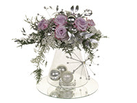 One trend for the Christmas season includes Crystal Ice like that of this holiday floral design which mixes lavender roses, baby’s breath, gilded foliage, and silver and white holiday ornaments.