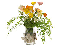 Brightly colored poppies, green trick dianthus, and maidenhair fern in a glass container enhanced with birch bark pieces.