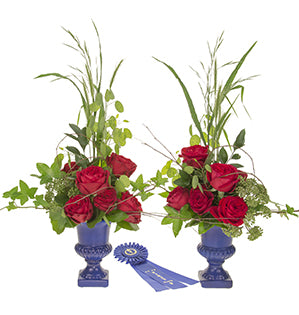 A blue prize ribbon sits between a duo of Western Line Styled Arrangements featuring striking red garden roses against the greens of grasses, leaf-laden branches, and ivy in matching blue urns.