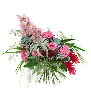 A lively tropical bouquet featuring cymbidium, succulents, ginger blooms, palm, Tillandsia, brunia, garden roses, spray roses, tea leaves and foliages like ruscus, lily grass, plumosa, fatsia aralia, and seeded eucalyptus.
