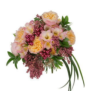 A floral bouquet starring beautiful Edith roses along with yellow-peachy freesia, burgundy lily of the valley, ruscus, lily grass, and mega bead bunches in a wine color.