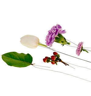 Wiring and taping flowers is an essential technique for professional floral designers, and five methods for wiring floral materials such as tulips, roses, carnations, and leaves are shown.