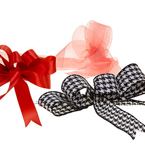 Various ribbons such as red satin, peach sheer, and black and white houndstooth are used to create a variety of bows like the classic florist bow, the tailored tie bow, the tuck bow and bouquet ribbon streamers.