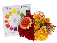 The Analogous Color Harmony is composed of adjacent colors in any 90 degree section of the color wheel. Illustrating this is a beautiful bouquet in fire hues which mixes roses, pin cushion protea, Gerbera daisies, and spray roses.