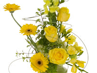 This beautiful floral design mixes Gerbera daisies, roses, snapdragons, all in yellow hues, and adds caning for unique dynamic line.