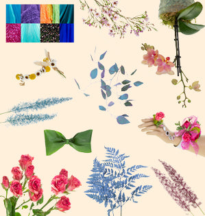 A collage of items such as a variety of tinted foliage, spray roses, waxflower and orchids. There is a color sample, as well as some examples of wearable floral designs.