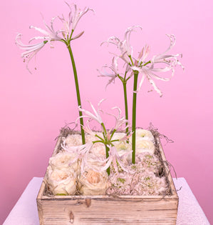 A small wooden box with each corner featuring a different type of flower, there are roses, carnations, scabiosa, ranunculus. There are also elevated Nerine lilies, all of the blooms are in a soft blush color palate. 