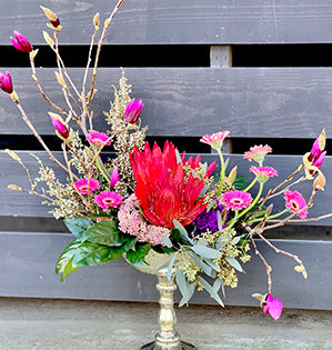 A compote arrangement in the Bespoke garden design style features red protea, bright pink Gerberas, soft pink rice flowers, pittosporum, fatsia, and seeded eucalyptus.