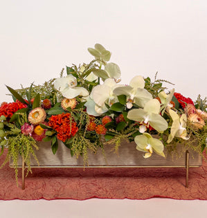 A lush horizontal design created with Israeli ruscus, pieris, cockscomb, strawflower, gomphrena, and phalaenopsis orchids.