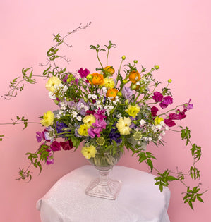 A lush and vibrant garden-style arrangement made with, jasmine vine, ranunculus, butterfly ranunculus, sweet pea, hyacinth, allium, tweedia, and lisianthus. All in a variety of spring colors on a bed of dusty miller.