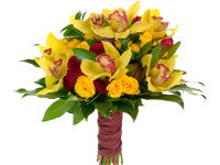 A hand-tied bridal bouquet of sunshine yellow cymbidium orchids with a ruby red throat, accented with spray roses in coordinating yellow and red, a bit of leucadendron, a bit of ruscus, and a collar of fatsia leaves.