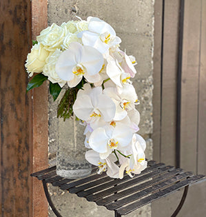 A luxurious hand-tied cascading wedding bouquet is filled with white Phalaenopsis orchids, hydrangeas, and roses.