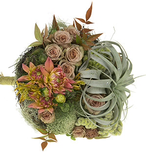 This elegant woodland inspired bridal bouquet mixes tillandsia, green cox comb, mocha blush roses, two kinds of moss, and fall leaves, all nestled inside a bird's nest. 