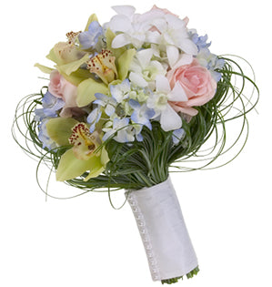 This elegant bridal bouquet uses beargrass to give the illusion of a contemporary hand tie, then it mixes hydrangeas, roses, cymbidium orchids, and dendrobium orchid florets, and is finished with a lovely linen bouquet wrap.
